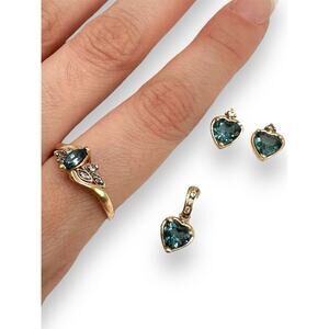 14k Yellow Gold Blue Topaz Heart Pendant, Earrings, & Ring Sz 6.25 Set 5.5grams